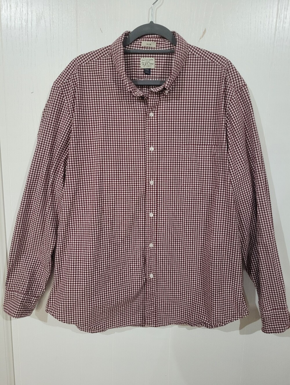 J. Crew Mens Secret Wash Slim L/S Maroon Gingham Check Button-Down XXL 2XL